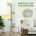 PawHut Wall Mounted Cat Shelves, Cat Climbing Wall with 4 Climbing Platforms, Jute Scratching Post and Toy Ball,180cm Tall, Light Grey - 4