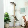 PawHut Wall Mounted Cat Shelves, Cat Climbing Wall with 4 Climbing Platforms, Jute Scratching Post and Toy Ball,180cm Tall, Light Grey - 2