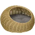PawHut Wicker Cat House with Washable Cushion for Indoor Cats, Light Brown - 1