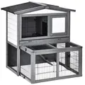 PawHut Rabbits 2-Tier Fur Wood Outdoor Hutch Guinea Pigs Hutches Grey - 2