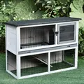 PawHut Small Animal Two-Level Fir Wood Guinea Pigs Hutches Bunny Cage w/ Slide Out Tray Grey - 1