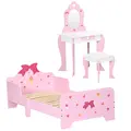 ZONEKIZ 3PCs Kids Bedroom Furniture Set with Bed, Dressing Table and Stool, Princess Themed, for 3-6 Years Old, Pink - 1