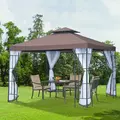 Outsunny 3 x 3(m) Patio Gazebo Canopy Garden Pavilion Tent Shelter with 2 Tier Roof and Mosquito Netting, Steel Frame, Coffee - 2