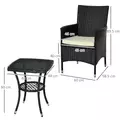Outsunny 3 Pieces Rattan Bistro Set, Wicker Garden Furniture Set with 2-Tier Coffee Table and Chairs, Cushions, for Outdoor Patio Balcony, Black - 3