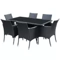 Outsunny 6 Seater Rattan Dining Set with Cushions, Rattan Garden Furniture Set with 6 Armchairs, Rectangular Glass Top Table, Outdoor Dining Table and Chairs, Black - 1