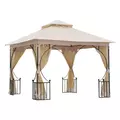 Outsunny 3 x 3(m) Garden Gazebo Patio Party Tent Shelter Outdoor Canopy Double Tier Sun Shade Metal Frame Netting, Beige - 1