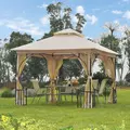 Outsunny 3 x 3(m) Garden Gazebo Patio Party Tent Shelter Outdoor Canopy Double Tier Sun Shade Metal Frame Netting, Beige - 2