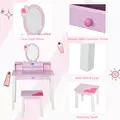 HOMCOM Kids Wooden Dressing Table and Stool Make Up Desk (Pink) - 5