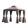 Outsunny 3 x 3(m) Hexagon Gazebo Patio Canopy Party Tent Outdoor Garden Shelter w/ 2 Tier Roof & Side Panel - Brown - 1