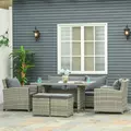 Outsunny 6 Pieces PE Rattan Garden Furniture Set with Three-seat, Armchairs and Footstools, Aluminium Patio Wicker Dining Sets w/ Glass Top Dining Table, Soft Cushion, Light Grey - 2