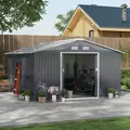 Outsunny 13 x 11ft Metal Garden Shed, Outdoor Storage Tool House with Ventilation Slots, Foundation Kit and Lockable Double Doors, Grey - 2