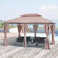 Outsunny 4m x 3(m)Garden Gazebo, Double Roof Outdoor Gazebo Canopy Shelter with Curtains, Solid Steel Frame for Patio, Garden, Brown - 1