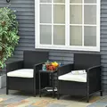Outsunny 2-Seater PE Rattan Side Table & Armchair Bistro Set Jack and Jill Seat w/ Pillows Black - 2
