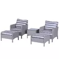 Outsunny 5 Pieces PE Rattan Garden Furniture Set with 10cm Thick Padded Cushions, Wicker Weave Outdoor Seating Chairs with 2 Armchairs, 2 Stools, Glass Top Table, Grey and White - 1