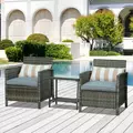 Outsunny 3 Pieces Rattan Bistro Set, Wicker Garden Furniture Set, Glass Top 2-tier Coffee Table and Chairs Set with Pillows and Washable Cushions for Outdoor, Patio, Balcony, Grey - 2