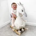HOMCOM Kids Rocking Horse, Children Plush Ride On Swan Animal Rocker w/ Sound, Wood Base Seat, Safety Belt, Baby Toy Rocker for Toddler 18 - 36 Months, White and Grey - 8