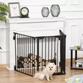 PawHut Pet Safety Gate, 3 Panels Playpen Fireplace, Foldable Metal Fence, Stair Barrier, Room Divider, Fire Guard w/ Automatic Closing Door, Black - 2