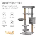 PawHut Cat Tree Tower for Indoor Cats 120cm Climbing Kitten Activity Center with Jute Scratching Post Perch Hanging Ball Hammock Teasing Rope Condo Toy Light Grey - 4