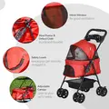 PawHut Dog Pram Dog Stroller Foldable Pet Pushchair with 4 Wheels, Safety Leashes, Cup Holder for Small Dogs, Red - 6