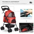 PawHut Dog Pram Dog Stroller Foldable Pet Pushchair with 4 Wheels, Safety Leashes, Cup Holder for Small Dogs, Red - 4