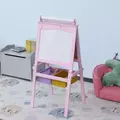 HOMCOM Kids Easel 3 in 1 Wooden Art Easel with Paper Roll Double-Sided Chalkboard & Whiteboard with Storage Baskets for Toddler Girls, Pink - 2