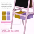 HOMCOM Kids Easel 3 in 1 Wooden Art Easel with Paper Roll Double-Sided Chalkboard & Whiteboard with Storage Baskets for Toddler Girls, Pink - 5