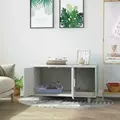 PawHut Wooden Cat Litter Box Enclosure & House with Nightstand/End Table Design, Scratcher, & Magnetic Doors, Grey - 2