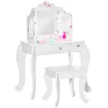 HOMCOM Kids Vanity Table and Chair Set with Tri-Folding Mirror and Stool, Makeup Dressing Table with Drawer, White - 1