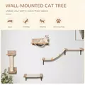 PawHut 4PCs Wall-mounted Cats Climbing Shelf Set Cat Tree Kitten Perch Activity Center with Hammock Scratching Post Jumping Platform Brown - 4