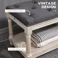 HOMCOM 2-Tier Bed End Bench, Vintage Stool, Wooden Window Seat with Storage Shelf, Button Tufted Upholstered Footstool for Living Room, Bedroom, Entryway, Grey - 4