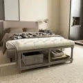 HOMCOM 2-Tier Bed End Bench, Vintage Stool, Wooden Window Seat with Storage Shelf, Button Tufted Upholstered Footstool for Living Room, Bedroom, Entryway, Cream White - 2