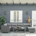 Outsunny 6 Pieces Outdoor PE Rattan Wicker Corner Sofa Set with 10cm Thick Padded Cushions, Aluminium Conservatory Furniture with Glass Top Coffee Table, Footstools, Grey - 2