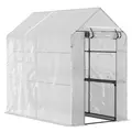 Outsunny Walk In Greenhouse with 2-Tier Shelves, Roll up Zip Panel Door, Garden Polytunnel Steeple Grow House for Outdoor, 6 x 4 x 6ft White - 1