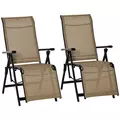 Outdoor Set of 2 Outdoor Sun Lounger 10-Position Adjustable Texteline Folding Reclining Chairs with Footrest for Patio Garden, Beige - 1