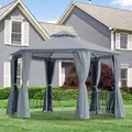 Outsunny 3 x 3(m) Hexagon Gazebo Patio Canopy Party Tent Outdoor Garden Shelter w/ 2 Tier Roof & Side Panel - Grey - 2