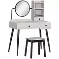 HOMCOM Dressing Table Set with Mirror and Stool, Vanity Makeup Table with 3 Drawers and Open Shelves for Bedroom, Living Room, Grey - 2