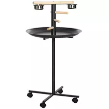 PawHut Parrot Perch Stand, Large Bird Play Stand, Metal Bird Table Feeder Station with Stainless Steel Bowls, Four Wheels, Round Tray, Black - 1