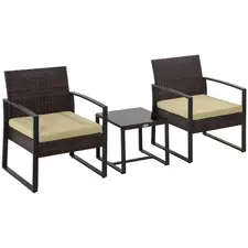 Outsunny 3 pcs PE Rattan Wicker Garden Furniture Patio Bistro Set Weave Conservatory Sofa Coffee Table and Chairs Set Beige - 1