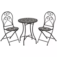 Outsunny 3 Pieces Garden Bistro Set with Coffee Table and 2 Folding Single Chairs, Mosaic Garden Table Top and Seats, Metal Frame, for Patio Balcony, Black - 1