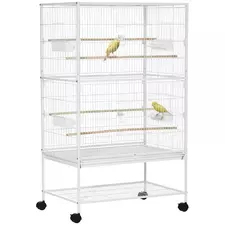 PawHut Large Bird Cage Budgie Cage for Finch Canaries Parakeet with Rolling Stand, Slide-out Tray, Storage Shelf, Food Containers, White - 1
