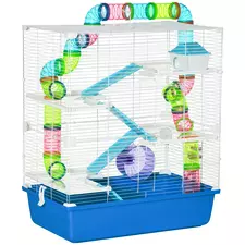 PawHut 5 Tier Hamster Cage, Gerbil Cage with Exercise Wheel, Feeder Bowl, Tube, Water Bottle, 59L x 36W x 69H cm - Blue - 1