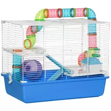 PawHut Hamster Cage, Gerbil Cage 3 Tier for Dwarf Hamster with Tube, Exercise Wheel, Water Bottle, Food Dish 59 x 36 x 47 cm- Blue - 1
