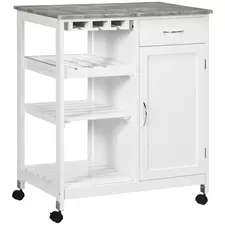 HOMCOM Compact Kitchen Trolley Utility Cart on Wheels with Wine Rack, Drawer, Open Shelf and Storage Cabinet for Dining Room, White - 1