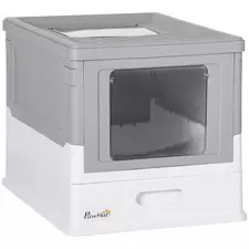 PawHut Hooded Cat Litter Box, Portable Pet Toilet, with Scoop, Front Entry - Grey - 1