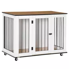 PawHut Dog Crate Furniture, Dog Cage End Table, with Wheels, for Large Dogs, 106 x 60 x 82 cm  - White - 1