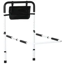 HOMCOM Safety Bed Rail, Height Adjustable Bed Assist Rail with Storage Pocket, Grab Bar for Disabled and Senior, White - 1
