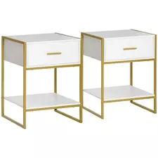 HOMCOM Modern Bedside Table, Nightstand with Drawer Shelf, Side Table for Living room, Bedroom White and Gold, Set of 2 - 1
