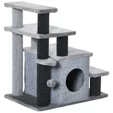 PawHut Adjustable Cat Steps, with House & Hanging Toy Ball - Grey - 1