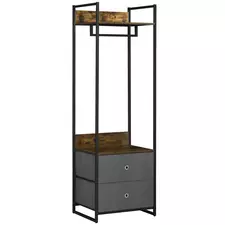HOMCOM Clothes Rail, Metal Coat Stand, Garment Rack with 2 Fabric Storage Drawers, Single Wardrobe for Bedroom, Hallway, Rustic Brown and Grey - 1