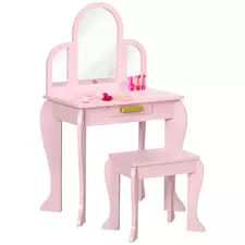 HOMCOM Kids Dressing Table Set, with Mirror and Drawer - Pink - 1
